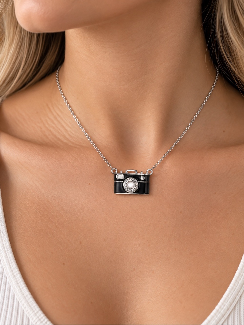 Silver Camera Pendant Necklace - Black Camera Charm steel 316L